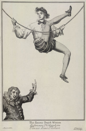 The famous Dutch woman Donna Thedesca, the trapeze artist, 17th century (engraving)
