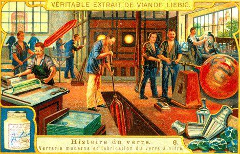Late 19th century glass factory. In the centre a worker is making a cylinder of glass which will be flattened and formed into a sheet, mainly used for window. Liebig trade card c1900.
