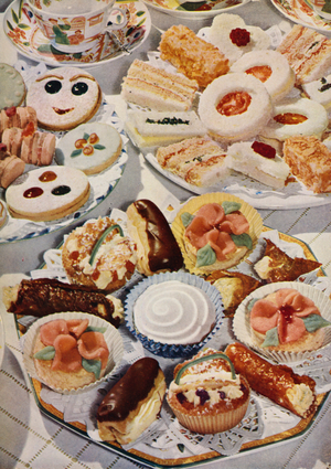 English cookery, 1950s: Tea fancies and iced biscuits (colour photo)