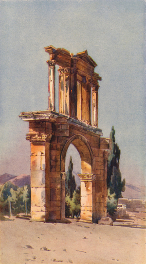 Arch of Hadrian, Athens (colour litho)