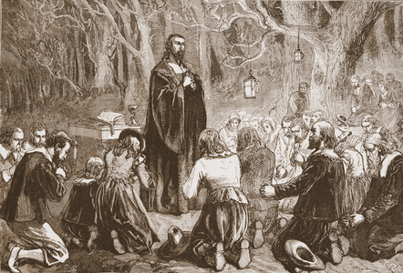 Protestant worshipping by night in the church of the desert, illustration from 'The History of Protestantism' by James Aitken Wylie (1808-1890), pub. 1878 (engraving)