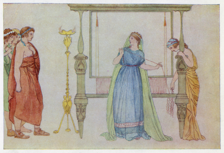 Penelope surprised by the Suitors (colour litho)