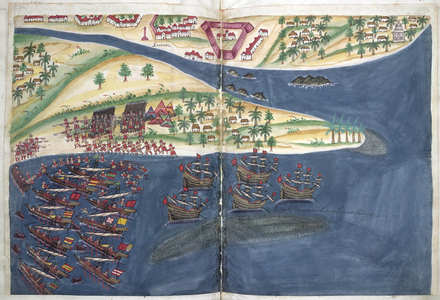 [Whole plan] Plan of Surratte [Surat] and surroundings, with soldiers and ships engaged in battle