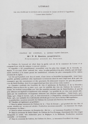 Chateau du Lyonnat, a Lussac-Saint-Emilion, Mme Ve E Baudou, proprietaire, Fournisseur attitre du Vatican (b/w photo)
