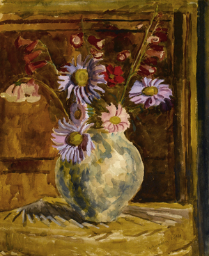 Still life of flowers in a vase, violet and pink chrysanthemum, late 1940s (w/c on paper)