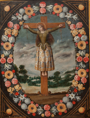 Parish museum. Painting. Saint Wilgefortis crucified (Santa Librada crucificada). Scene in a garland. Oil on canvas. 17th century.