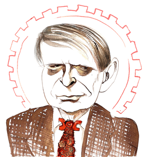 Anthony Burgess, English novelist, critic, poet, playwright, translator and composer; caricatured with 'clockwork orange' tie, with reference to his novella 'A Clockwork Orange' (1962)AB: 25 February 1917 - 22 November 1993