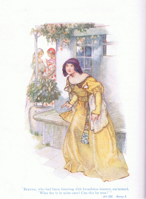 Beatrice, who had been listening with breathless interest exclaimed "What fire is in mine ears can this be true? " (Much Ado About Nothing), from Tales from Shakespeare pub. by Ward Lock & Co Ltd, 1930-40's (colour litho)
