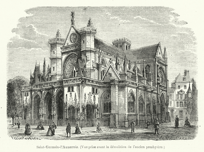 Saint-Germaain-l'Auxerrois, Vue prise avant la demolition de l'ancien presbytere (engraving)
