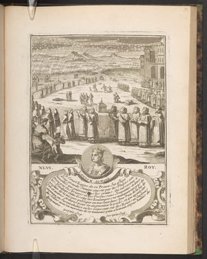 Louis X, Plate from 'Histoire des Rois de France depuis Pharamond jusqu'à ... Louis Quinze, enrichie de leurs portraits et faits les plus memorables, composée de soixante et cinque planches en taille douce', 1722 (engraving)