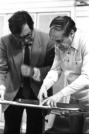 Pierre Bouez and Luciano Bério (b/w photo, 1984)