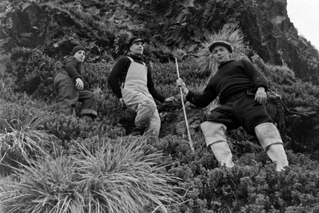 Three crew members of the facotry vessel "Jan Wellem" mountain climbing at South Georgia, 1930s (b/w photo)