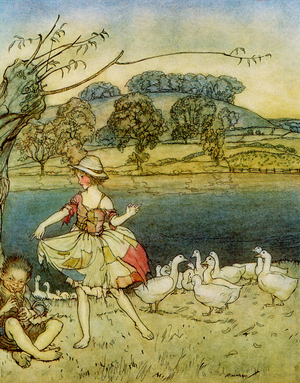 Tattercoats dancing while the gooseherd pipes, from 'English Fairy Tales Retold' by F.A. Steel, 1927 (colour litho)