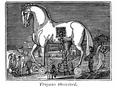 Trojan Horse: Greek raiding party secreting themselves in the great wooden horse, 13th or 12th century BC. 1830 (engraving from the Rev. Royal Robbins The World Displayed, New York)