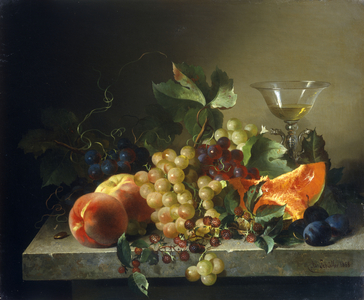 A still life with fruit on a stone ledge, 1858 (oil on canvas)