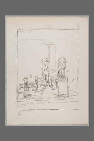 The Studio in Stampa: sculptures including Head of Diego on a Base wrapped in a linen I, 1956 (litho)