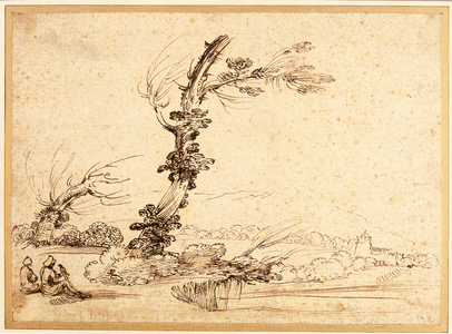 Landscape with falconers by a tree (pen & ink on paper)