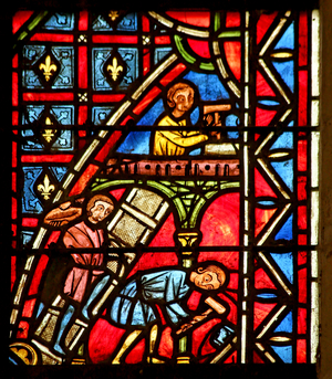 Theophilus builds a church (stained glass)