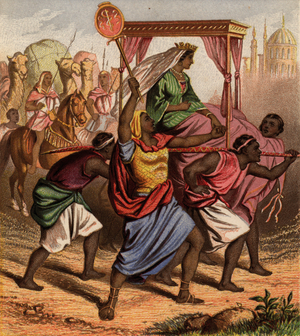 Ethiopians carrying an important woman in a litter (chromolitho)