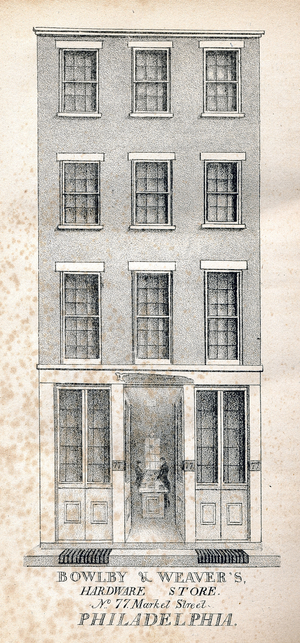 Bowlby & Weaver's hardware store No.77 Market Street Philadelphia, printed by Kennedy & Lucas's Lithography, 1831 (litho)
