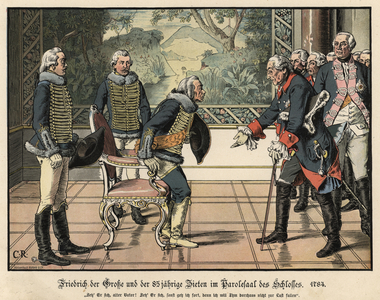 Frederick the Great and the 85 year old General Zieten (colour litho)