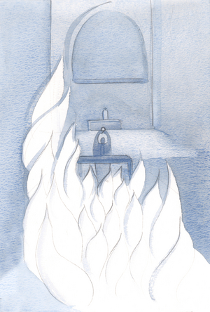 What a harmony is our praise! Our prayers - as flames - are mingled with the pure 'flames' of the Angel's praises., 2000 (w/c on paper)