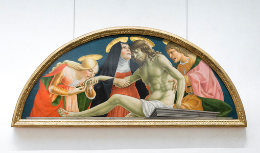 St Mary Magdalen, the virgin Mary and st John the evangelist mourning the dead Christ, 1490-95 circa, (tempera on panel)