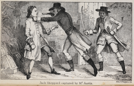 'Jack Sheppard captured by Mr. Austin'. Jack Sheppard was an English 
robber, burglar and thief of early 18th-century London. He was arrested and imprisoned five times in 1724 and escaped four times.