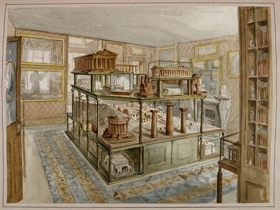 Watercolour of interior of architect Sir John Soane's Museum. Large numbers of objects on display.
