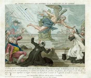 French Revolution: Father Time flying past altar on which the privileges of the nobility and clergy are being burned. He is anointing the forehead of one priest with ashes while others draw back. Print 1790. Anti-Clericalism