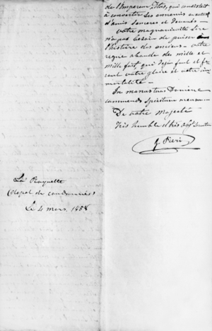 Letter written by Pieri (implicated in assassination attempt on january 14, 1858 with Orsini in Paris) to emperor Napoleon III to ask him for mercy