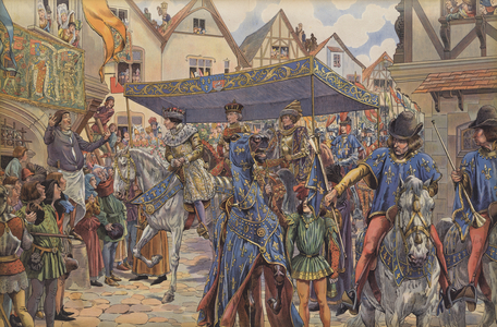 Crowds on the streets of Paris greeting Louis XI as he arrives from Burgundy to claim his kingdom after the death of his father, Charles VII (colour litho)