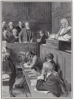 The Mystery of Edwin Drood: a mock trial - the trial of Jasper for the murder of his nephew, Edwin Drood. Published in The Sphere, 17 January 1914. (litho)