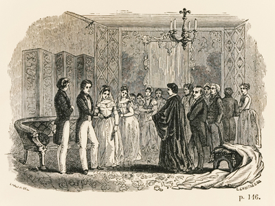 The wedding between Cora and Melville in the great parlour of Buckingham Hall. Illustration from Uncle Toms Cabin Contrasted with Buckingham Hall by Robert Criswell