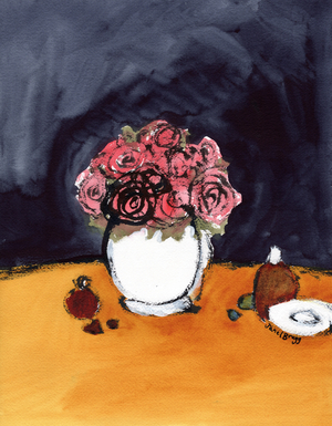Still Life with Roses and Perfume Bottles, c.2020 (ink and watercolor on paper)
