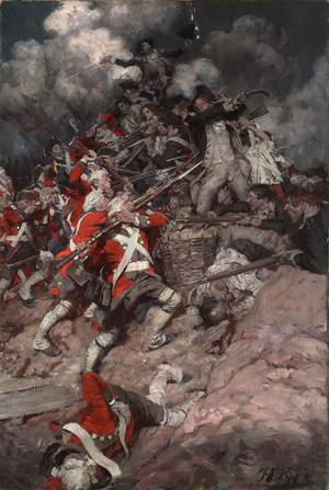 They scrambled up the parapet and went surging over the crest, pell mell, upon the British, 1899 (oil on canvas)