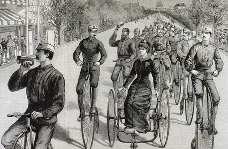 American League cycles in Pennsylvania Avenue. Mid May 1884. Washington. United States. Engraving.