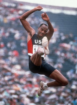 World Athletics Championships 1991 in Tokyo. Long jump: Mike Powell (USA) Action 30.08.1991. (photo)