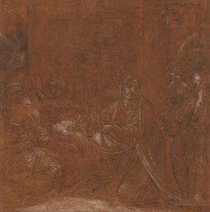 The Adoration of the Shepherds, 1611-12 (pen & brown ink, with white heightening, on ivory laid paper prepared with rust-brown wash, partially incised for transfer)