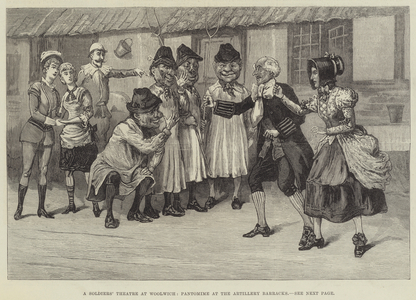 A Soldiers' Theatre at Woolwich, Pantomime at the Artillery Barracks (engraving)