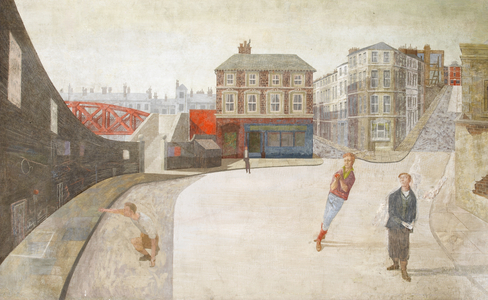 Boys playing cricket in an urban setting (water based paint on panel)