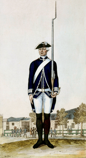 French guard with bayonet at time of LouisXVI (1774-1791), engraving