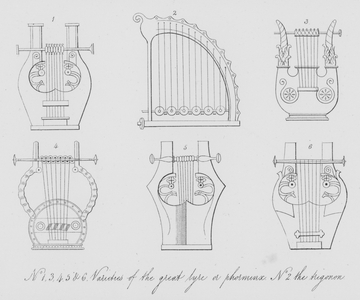 Varieties of the great lyre or phorminx, the trigonon (engraving)