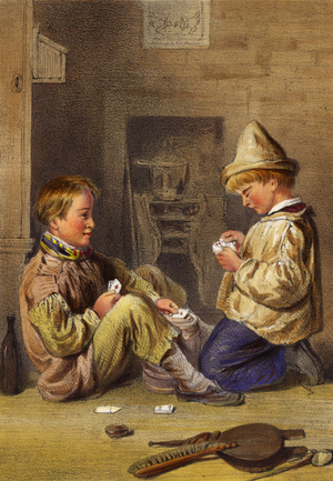 All Fours, two boys playing cards (colour litho)