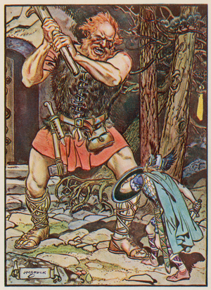 Siegfried fights the giant Kuperan (colour litho)