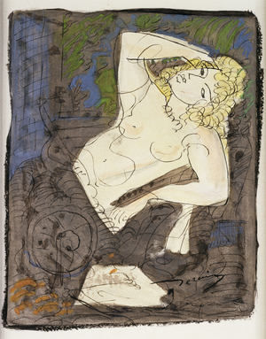 Reclining Nude; Femme Allongee, (gouache, pen and black ink on paper)