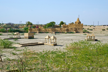 Stepwells on rainwater harvesting lake bed in dry season in Amar Sagar, Thar Desert, Rajasthan, India (photo)
