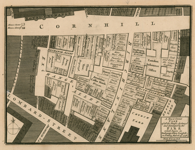A plan of houses destroyed in the fire which began in Exchange alley, Cornhill, London, on 25 March 1748 (engraving)