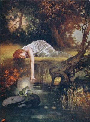The Frog Prince with the princess, early 20th century (colour litho)