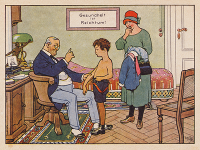 Boy visiting the doctor (colour litho)